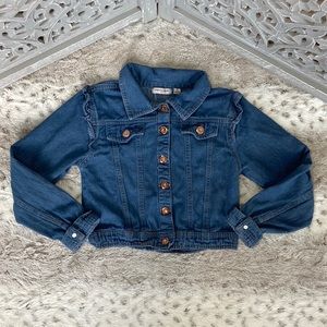 Nanette Lepore cropped jean jacket girls size 10 midwash denim ruffles school